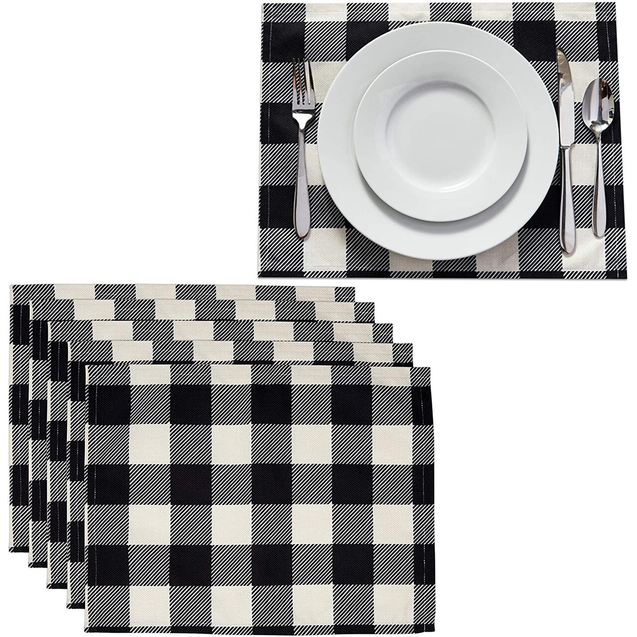 Set of 6 Black and Cream Plaid Cloth Placemats, 16.8x12.8-Inch Burlap and Polyester Washable Table Mats with Buffalo Design, Farmhouse-Style Dining Table Decorations